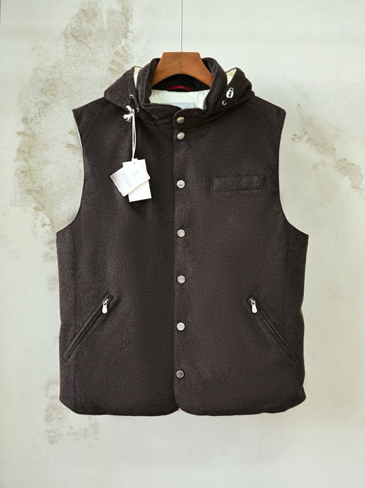 Brunello Cucinelli Bonded Wool Flannel Down Vest With Drawstring Hood