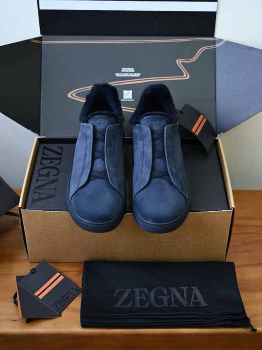 ZEGNA Triple Stitch™ Shearling-Lined Suede Slip-On Sneakers, Men's Winter Fur Lined Suede Triple Cross Elastic Slip On Trainers