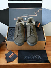ZEGNA Triple Stitch™ Shearling-Lined Suede Slip-On Sneakers, Men's Winter Fur Lined Suede Triple Cross Elastic Slip On Trainers