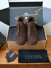 ZEGNA Triple Stitch™ Shearling-Lined Suede Slip-On Sneakers, Men's Winter Fur Lined Suede Triple Cross Elastic Slip On Trainers