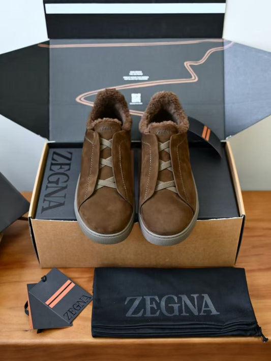 ZEGNA Triple Stitch™ Shearling-Lined Suede Slip-On Sneakers, Men's Winter Fur Lined Suede Triple Cross Elastic Slip On Trainers