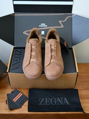 ZEGNA Triple Stitch™ Shearling-Lined Suede Slip-On Sneakers, Men's Winter Fur Lined Suede Triple Cross Elastic Slip On Trainers