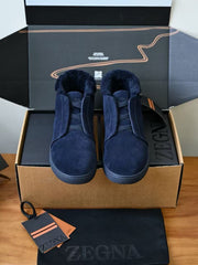 Zegna Triple Stitch™ Vetta High-Top Shearling Lined Sneaker, Men Suede High Top Winter Sneakers, Shearling Lining Cross Elastic Slip-on Luxury Warm Casual Boots