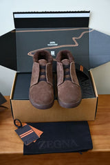 Zegna Triple Stitch™ Vetta High-Top Shearling Lined Sneaker, Men Suede High Top Winter Sneakers, Shearling Lining Cross Elastic Slip-on Luxury Warm Casual Boots