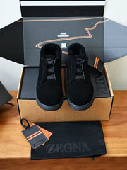 Zegna Triple Stitch™ Vetta High-Top Shearling Lined Sneaker, Men Suede High Top Winter Sneakers, Shearling Lining Cross Elastic Slip-on Luxury Warm Casual Boots
