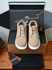 Zegna Triple Stitch™ Vetta High-Top Shearling Lined Sneaker, Men Suede High Top Winter Sneakers, Shearling Lining Cross Elastic Slip-on Luxury Warm Casual Boots