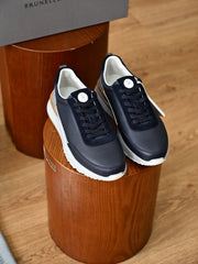 Luxury Old‑Money Men Retro Sneakers, Black Grain Leather & Suede Combination Lace‑Up Shoes, Shock‑Absorbing Multi‑Tone Rubber Outsole Smart‑Casual Daily Trainers