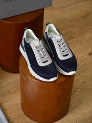 Luxury Old‑Money Men Retro Sneakers, Black Grain Leather & Suede Combination Lace‑Up Shoes, Shock‑Absorbing Multi‑Tone Rubber Outsole Smart‑Casual Daily Trainers
