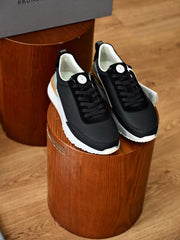 Luxury Old‑Money Men Retro Sneakers, Black Grain Leather & Suede Combination Lace‑Up Shoes, Shock‑Absorbing Multi‑Tone Rubber Outsole Smart‑Casual Daily Trainers
