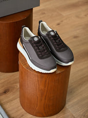 Men's Genuine Leather Patchwork Sneakers Color‑Block Thick‑Cushion Retro Low‑Top Casual Running Shoes