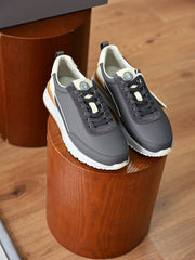 Men's Genuine Leather Patchwork Sneakers Color‑Block Thick‑Cushion Retro Low‑Top Casual Running Shoes