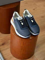 Men's Genuine Leather Patchwork Sneakers Color‑Block Thick‑Cushion Retro Low‑Top Casual Running Shoes