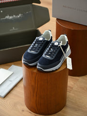 Men's Suede Leather Retro Sneakers, Navy Blue Lace‑Up Casual Trainers, Mixed Color Chunky Non‑Slip Rubber Outsole, Old Money Style Comfort Walking Shoes for Daily Business Casual Wear