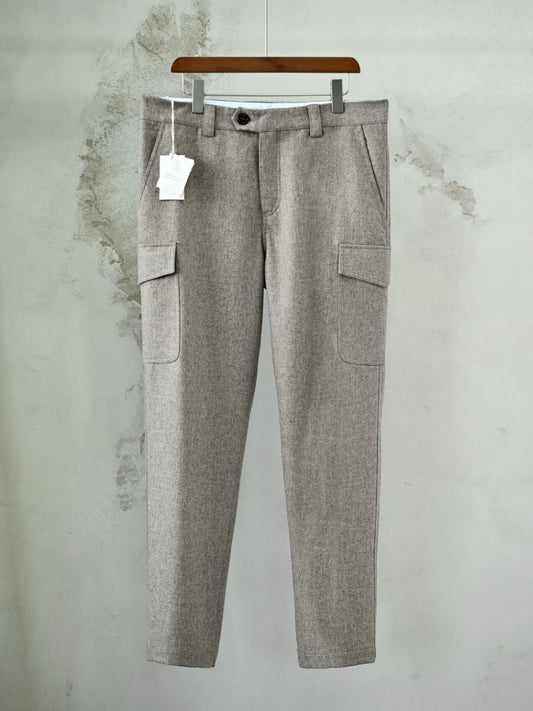 Men's Grey Wool Cargo Pants Autumn Winter Thick Straight‑Leg Casual Multi‑Pocket Trousers