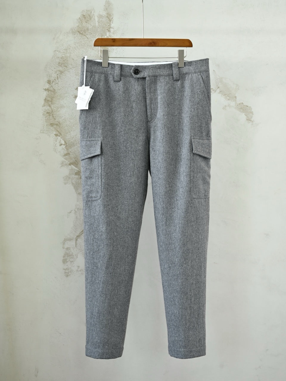Men's Grey Wool Cargo Pants Autumn Winter Thick Straight‑Leg Casual Multi‑Pocket Trousers