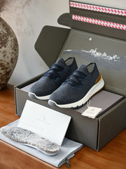Brunello Cucinelli Men's Knit Lace-Up Runner Sneakers, Leather Trim Quiet Luxury Old Money Breathable Casual Trainers