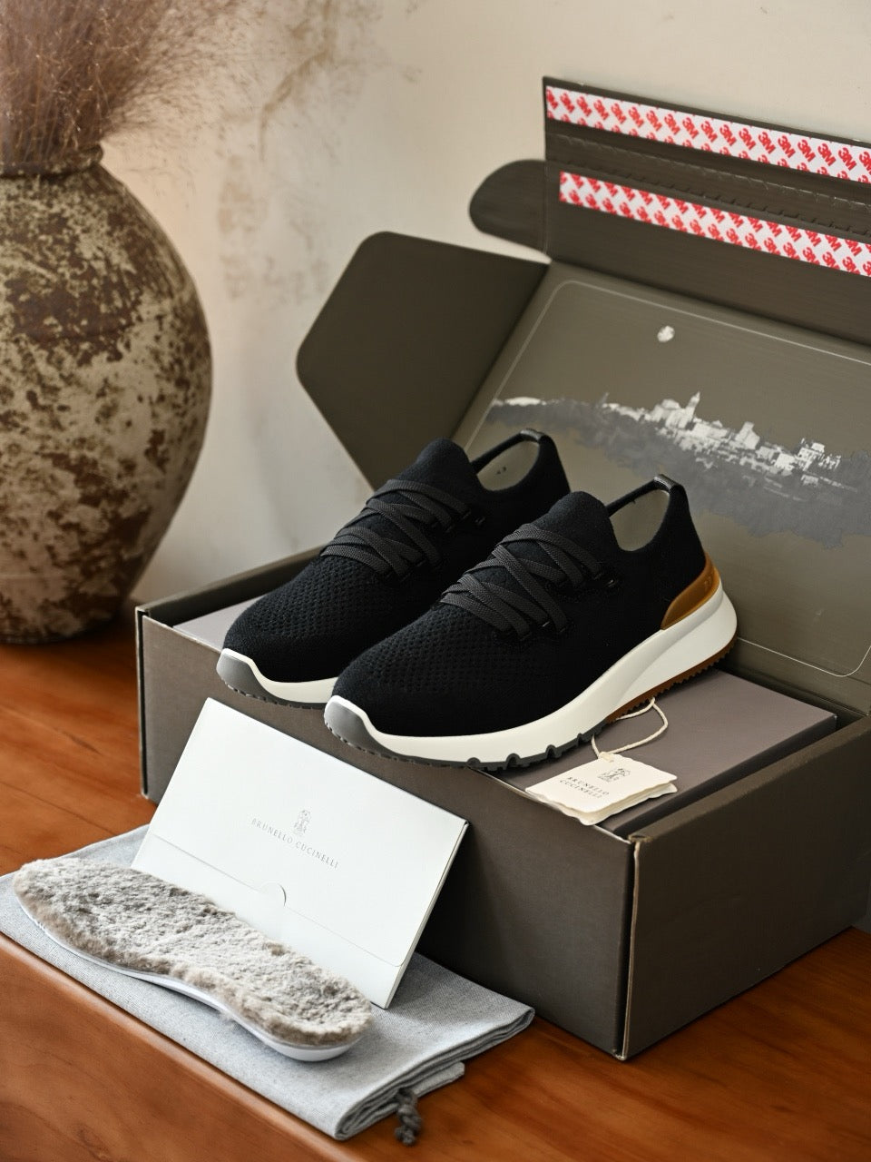 Brunello Cucinelli Men's Knit Lace-Up Runner Sneakers, Leather Trim Quiet Luxury Old Money Breathable Casual Trainers