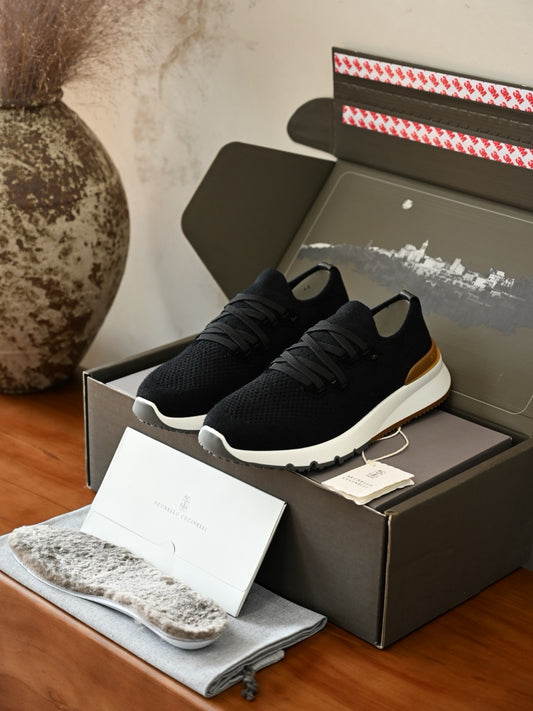 Brunello Cucinelli Men's Knit Lace-Up Runner Sneakers, Leather Trim Quiet Luxury Old Money Breathable Casual Trainers