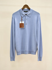 Loro Piana Men's Cashmere Long Sleeve Polo Sweater, Quiet Luxury Old Money Soft Knit Collared Casual Shirt