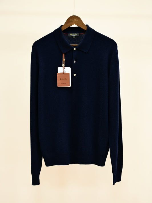 Loro Piana Men's Cashmere Long Sleeve Polo Sweater, Quiet Luxury Old Money Soft Knit Collared Casual Shirt