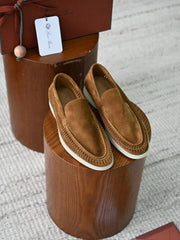 Luxury Men Cut‑Out Woven Suede Slip‑On Loafers Breathable Light Beige Soft Flexible Sole Summer Casual Driving Shoes For Smart‑Casual Wear