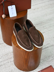 Luxury Men Cut‑Out Woven Suede Slip‑On Loafers Breathable Light Beige Soft Flexible Sole Summer Casual Driving Shoes For Smart‑Casual Wear