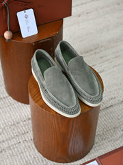 Luxury Men Cut‑Out Woven Suede Slip‑On Loafers Breathable Light Beige Soft Flexible Sole Summer Casual Driving Shoes For Smart‑Casual Wear