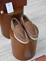Luxury Men Cut‑Out Woven Suede Slip‑On Loafers Breathable Light Beige Soft Flexible Sole Summer Casual Driving Shoes For Smart‑Casual Wear