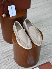 Luxury Men Cut‑Out Woven Suede Slip‑On Loafers Breathable Light Beige Soft Flexible Sole Summer Casual Driving Shoes For Smart‑Casual Wear