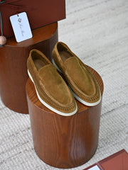 Luxury Men Cut‑Out Woven Suede Slip‑On Loafers Breathable Light Beige Soft Flexible Sole Summer Casual Driving Shoes For Smart‑Casual Wear