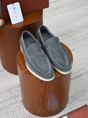 Luxury Men Cut‑Out Woven Suede Slip‑On Loafers Breathable Light Beige Soft Flexible Sole Summer Casual Driving Shoes For Smart‑Casual Wear