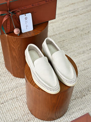 Luxury Men Cut‑Out Woven Suede Slip‑On Loafers Breathable Light Beige Soft Flexible Sole Summer Casual Driving Shoes For Smart‑Casual Wear