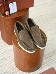 Luxury Men Cut‑Out Woven Suede Slip‑On Loafers Breathable Light Beige Soft Flexible Sole Summer Casual Driving Shoes For Smart‑Casual Wear