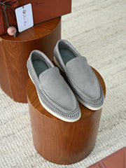 Luxury Men Cut‑Out Woven Suede Slip‑On Loafers Breathable Light Beige Soft Flexible Sole Summer Casual Driving Shoes For Smart‑Casual Wear