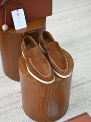 Luxury Men Cut‑Out Woven Suede Slip‑On Loafers Breathable Light Beige Soft Flexible Sole Summer Casual Driving Shoes For Smart‑Casual Wear