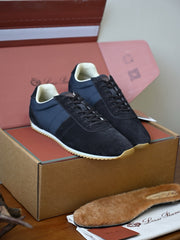 Loro Piana Men's Navy Suede Panel Retro Low-Top Sneakers, Luxury Old Money Casual Lace-Up Trainers with Shearling Insole