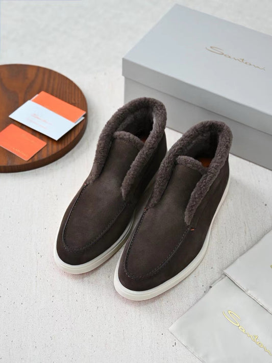 Santoni Men's Suede Shearling Trim Mid‑Top Slip‑On Loafers, Italian Luxury Winter Casual Shoes