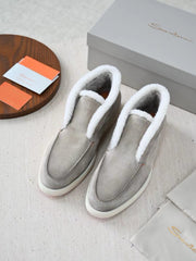 Santoni Men's Suede Shearling Trim Mid‑Top Slip‑On Loafers, Italian Luxury Winter Casual Shoes
