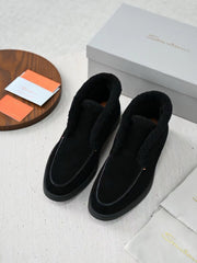 Santoni Men's Suede Shearling Trim Mid‑Top Slip‑On Loafers, Italian Luxury Winter Casual Shoes