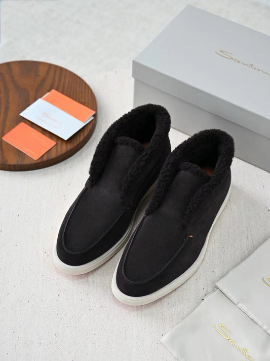 Santoni Men's Suede Shearling Trim Mid‑Top Slip‑On Loafers, Italian Luxury Winter Casual Shoes