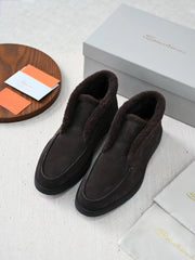 Santoni Men's Suede Shearling Trim Mid‑Top Slip‑On Loafers, Italian Luxury Winter Casual Shoes