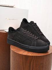 Santoni Men's  Leather Shearling‑Lined Low‑Top Sneakers, Italian Luxury Winter Casual Shoes
