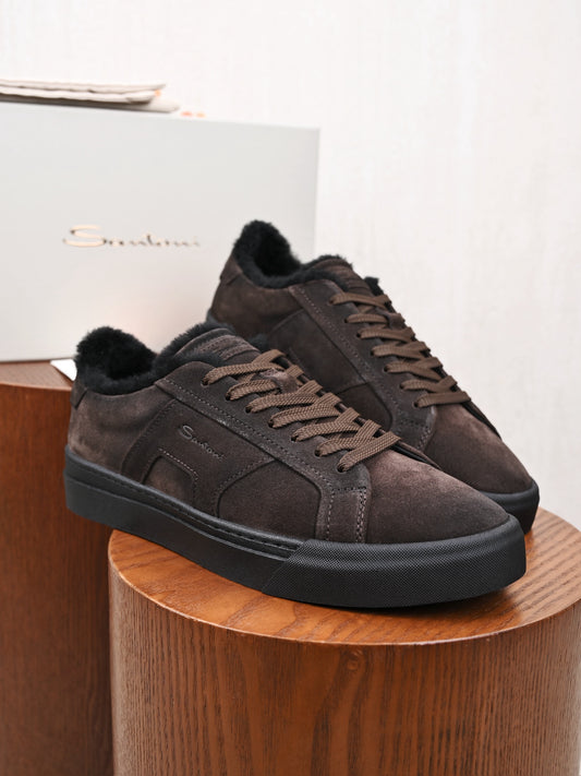 Santoni Men's  Leather Shearling‑Lined Low‑Top Sneakers, Italian Luxury Winter Casual Shoes