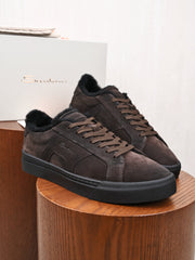 Santoni Men's  Leather Shearling‑Lined Low‑Top Sneakers, Italian Luxury Winter Casual Shoes