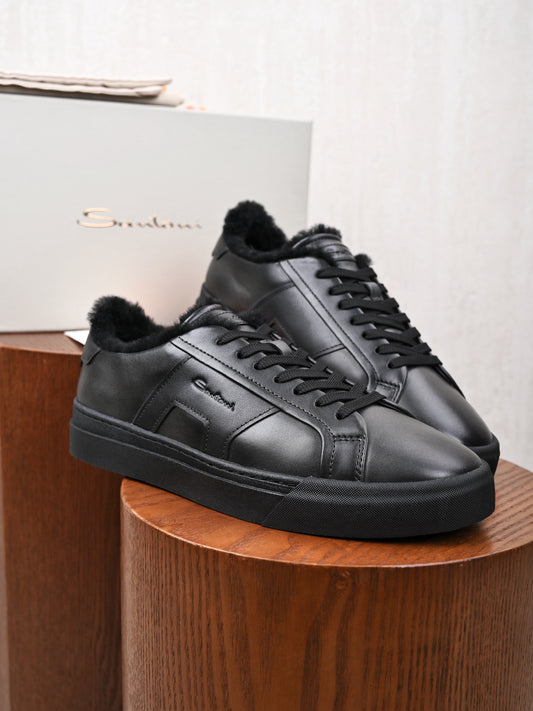 Santoni Men's  Leather Shearling‑Lined Low‑Top Sneakers, Italian Luxury Winter Casual Shoes