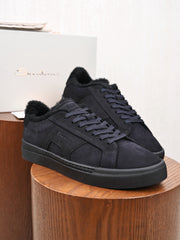 Santoni Men's  Leather Shearling‑Lined Low‑Top Sneakers, Italian Luxury Winter Casual Shoes