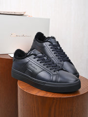 Santoni Men's  Leather Shearling‑Lined Low‑Top Sneakers, Italian Luxury Winter Casual Shoes