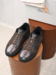 Santoni Men's  Leather Shearling‑Lined Low‑Top Sneakers, Italian Luxury Winter Casual Shoes