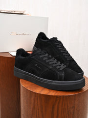 Santoni Men's  Leather Shearling‑Lined Low‑Top Sneakers, Italian Luxury Winter Casual Shoes