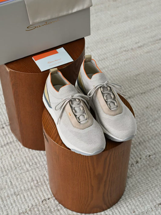 Santoni Men's Grey Sock‑Fit Knit Sneakers, Italian Luxury Casual Athletic Shoes